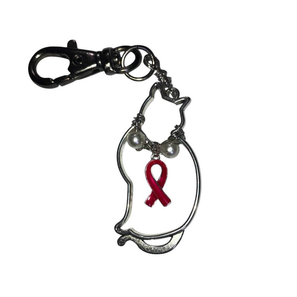 NWT Handmade Breast Cancer Awareness Cat Purse Charm Keychain Silver Pink White